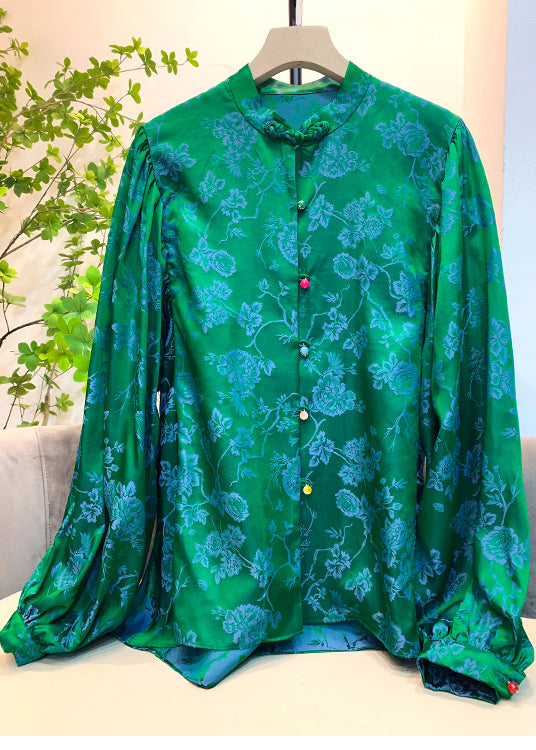 Green Stand Collar Button Jacquard Silk Shirt Lantern Sleeve