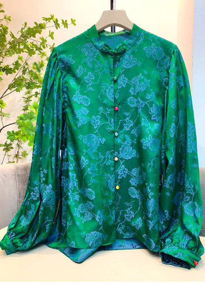 Green Stand Collar Button Jacquard Silk Shirt Lantern Sleeve