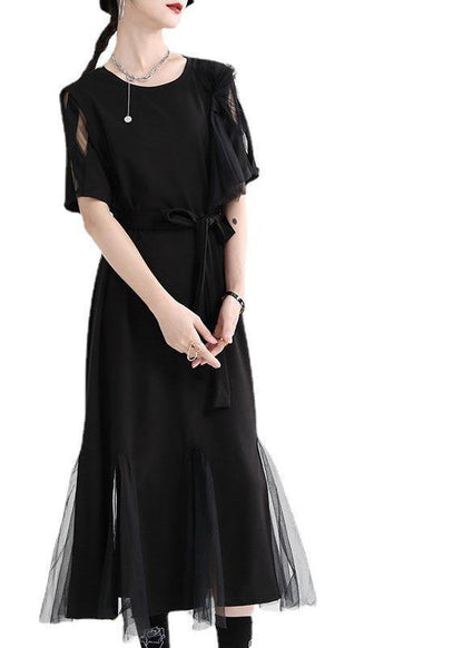 Art Black Patchwork Tulle Summer Tie Waist Dress Short Sleeve
