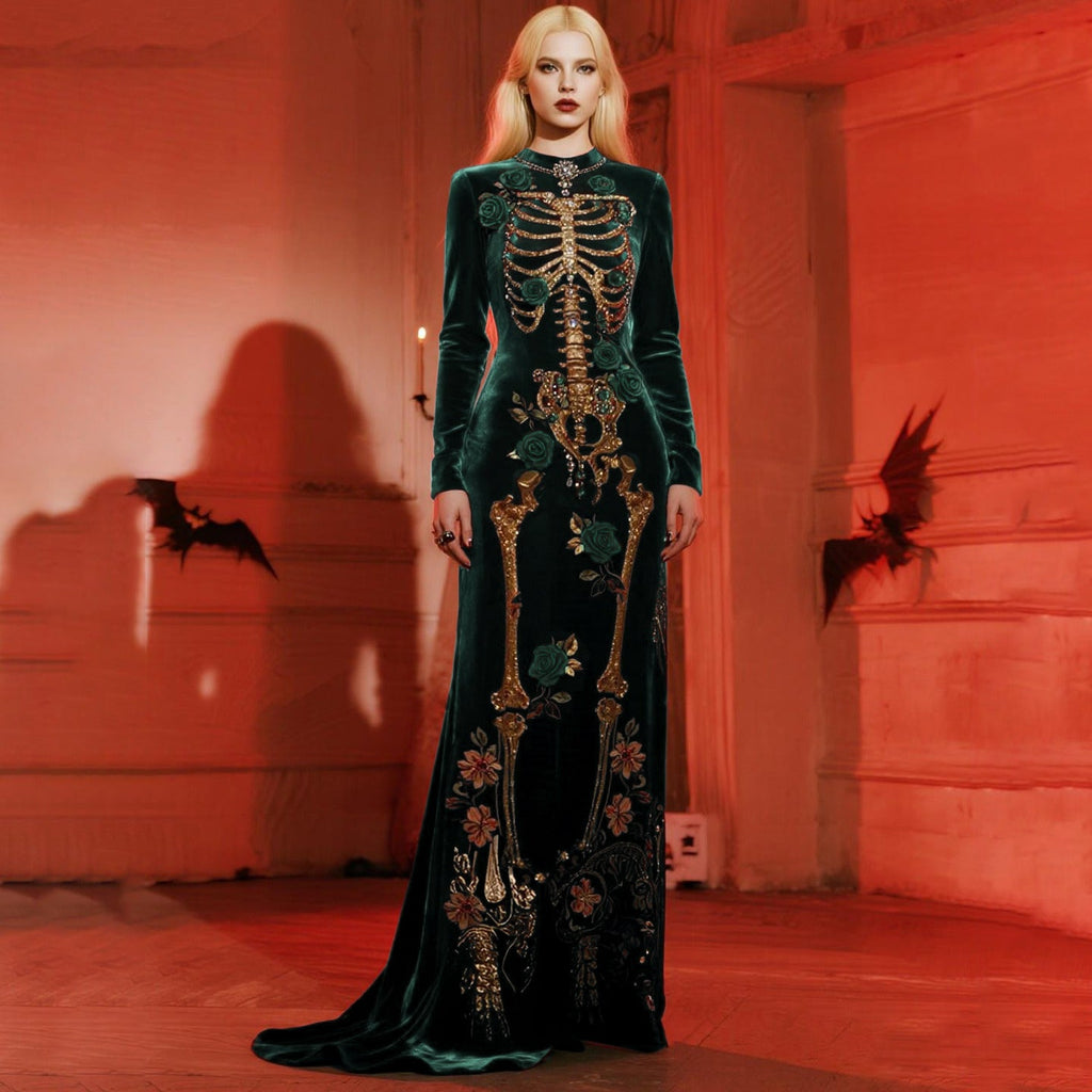 Comstylish Women's Halloween Castle Rose Skeleton Velvet Round Neck Maxi Dress