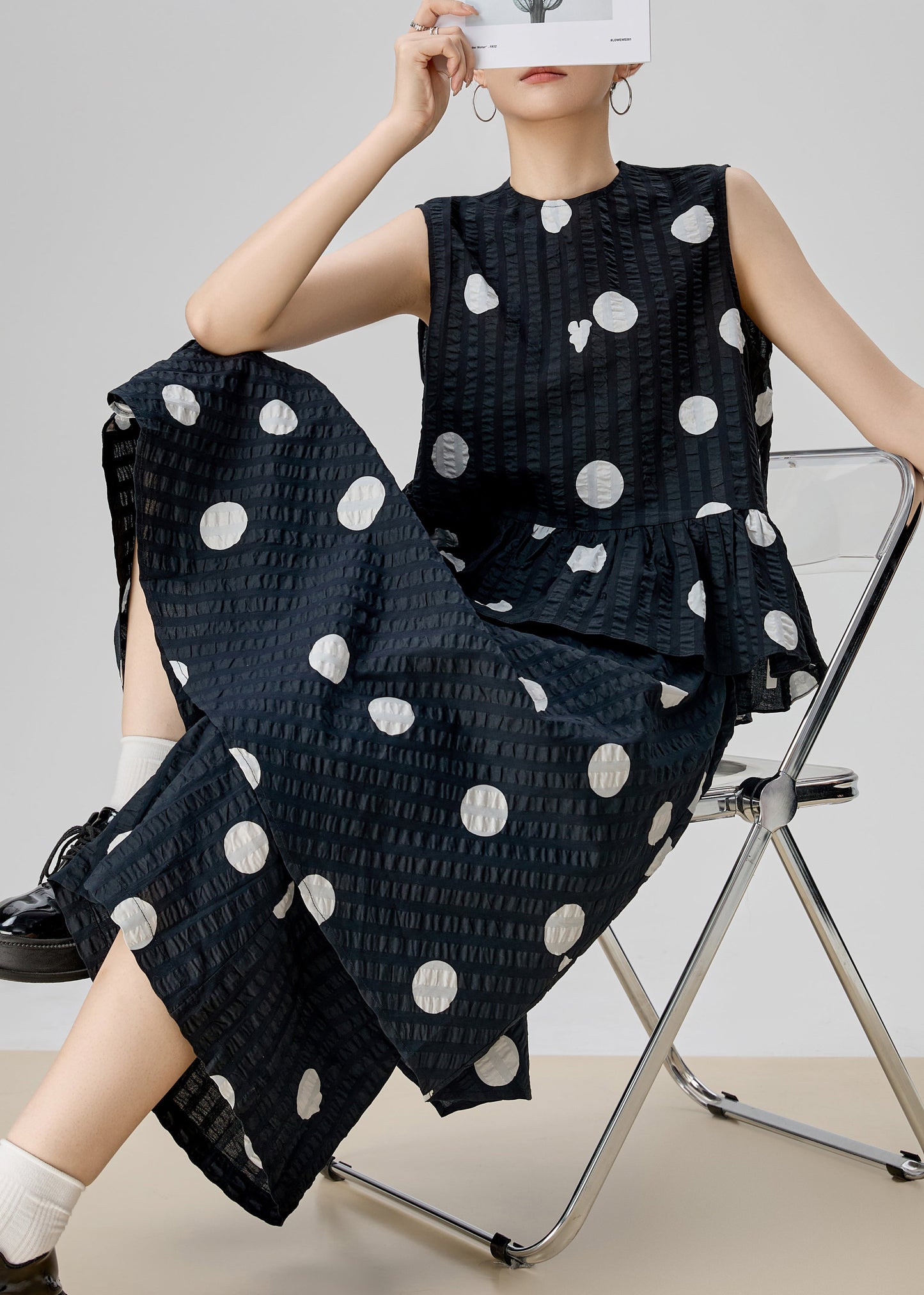 New Black Dot Tops and Pants Skirt Cotton Two Piece Set Sleeveless