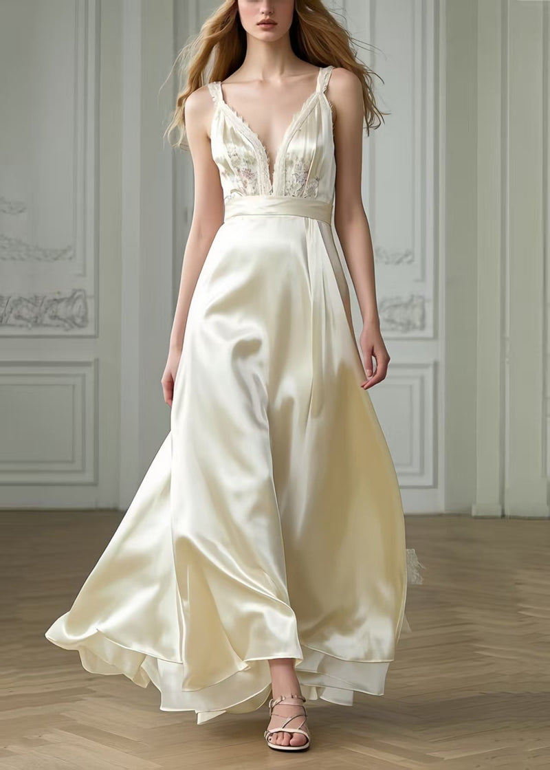 Milk White Exra Large Hem Draping Silk Party Dresses Summer