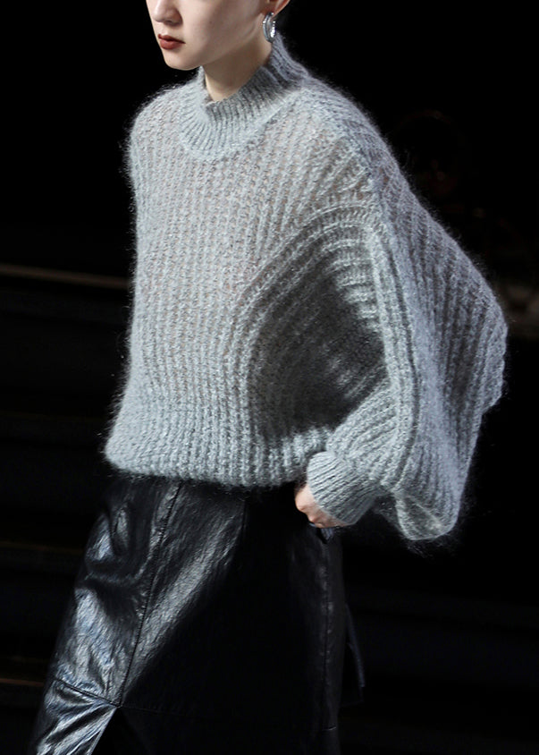 Blue O-neck Ma Hai Mao Knit Sweater Lantern Sleeve