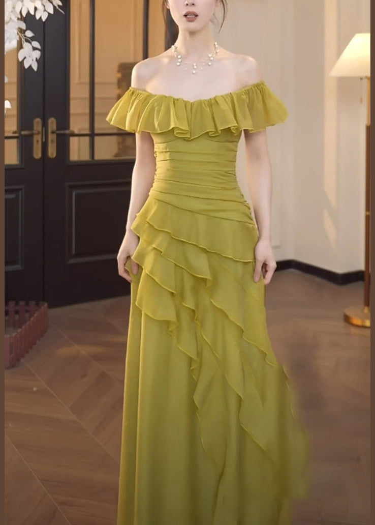 Green Square Collar Ruffled Patchwork Chiffon Dress Summer