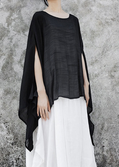 Black Baggy Linen Upf 50+ Tops Asymmetrical Batwing Sleeve