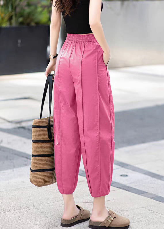 Rose Pockets Elastic Waist Cotton Crop Pants Wrinkled