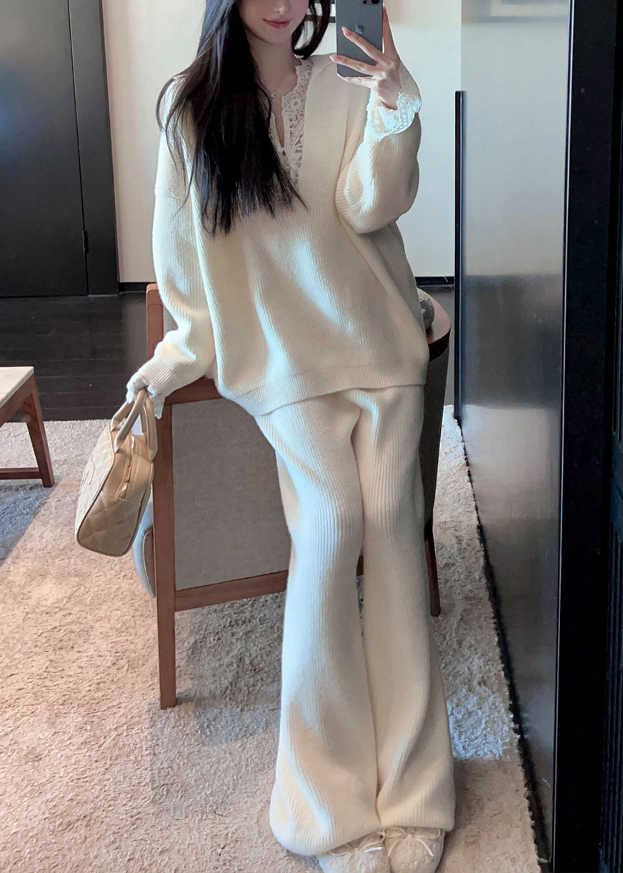 Loose White V Neck Cozy Sweaters and Pants Knit Two Piece Set Fall