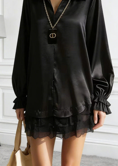 Black Peter Pan Collar Lace Patchwork Silk Shirt Tops Spring