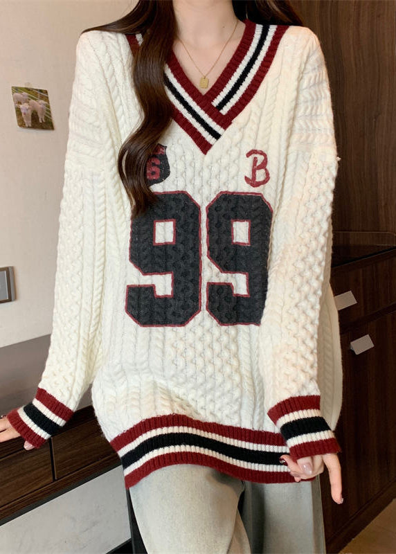 White Oversized Embroidered Knit Sweater Tops Fall