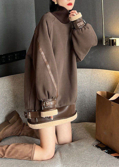 Loose Brown Turtleneck Patchwork Cotton Pullover Fall