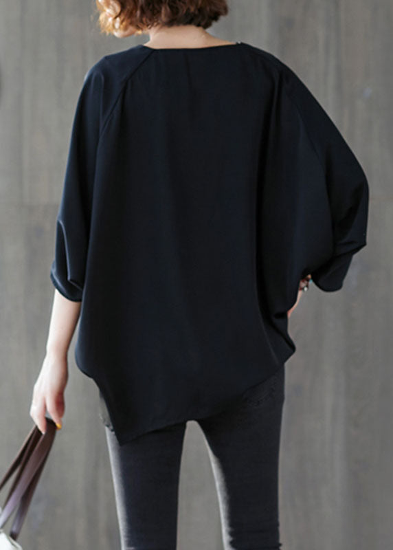 Black Oversized Asymmetrical Side Open Cotton Tops Batwing Sleeve