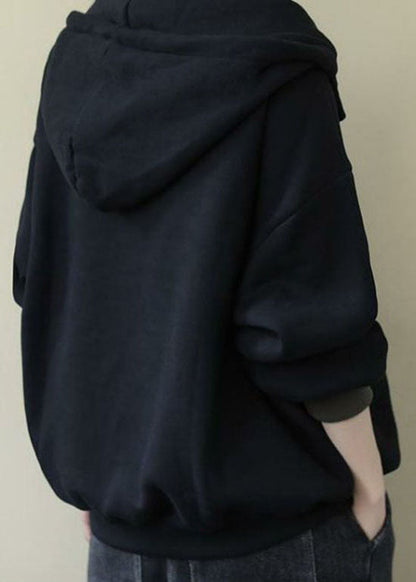 Italian Black Hooded Patchwork Fine Cotton Filled Sweatshirt Spring