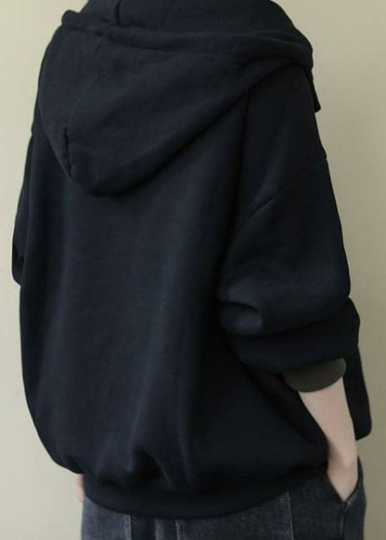 Italian Black Hooded Patchwork Fine Cotton Filled Sweatshirt Spring