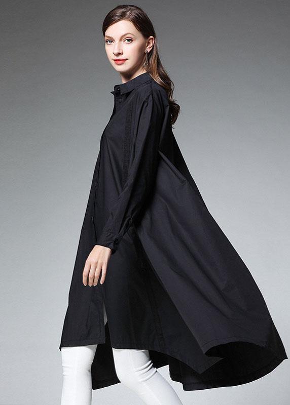 Black Pockets Asymmetrical Design Fall Cotton Long Shirts Long Sleeve