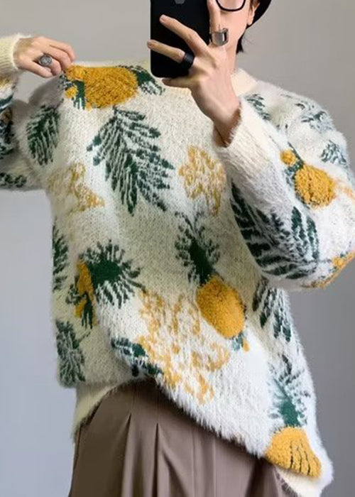 Jacquard White O Neck Cozy Cotton Knit Style Sweaters Winter