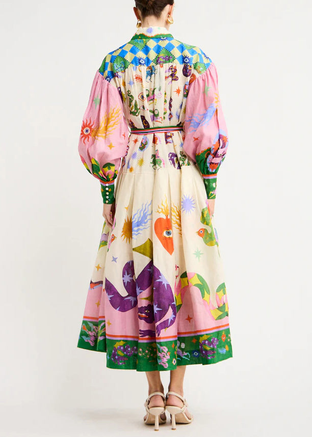 Loose Pink Print Tie Waist Cotton Shirts Dresses Long Sleeve Fall