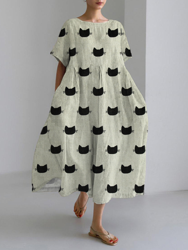 Comstylish Black Cat Japanese Art Linen Blend Maxi Dress