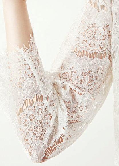 Loose White O Neck Hollow Out Lace Top Fall