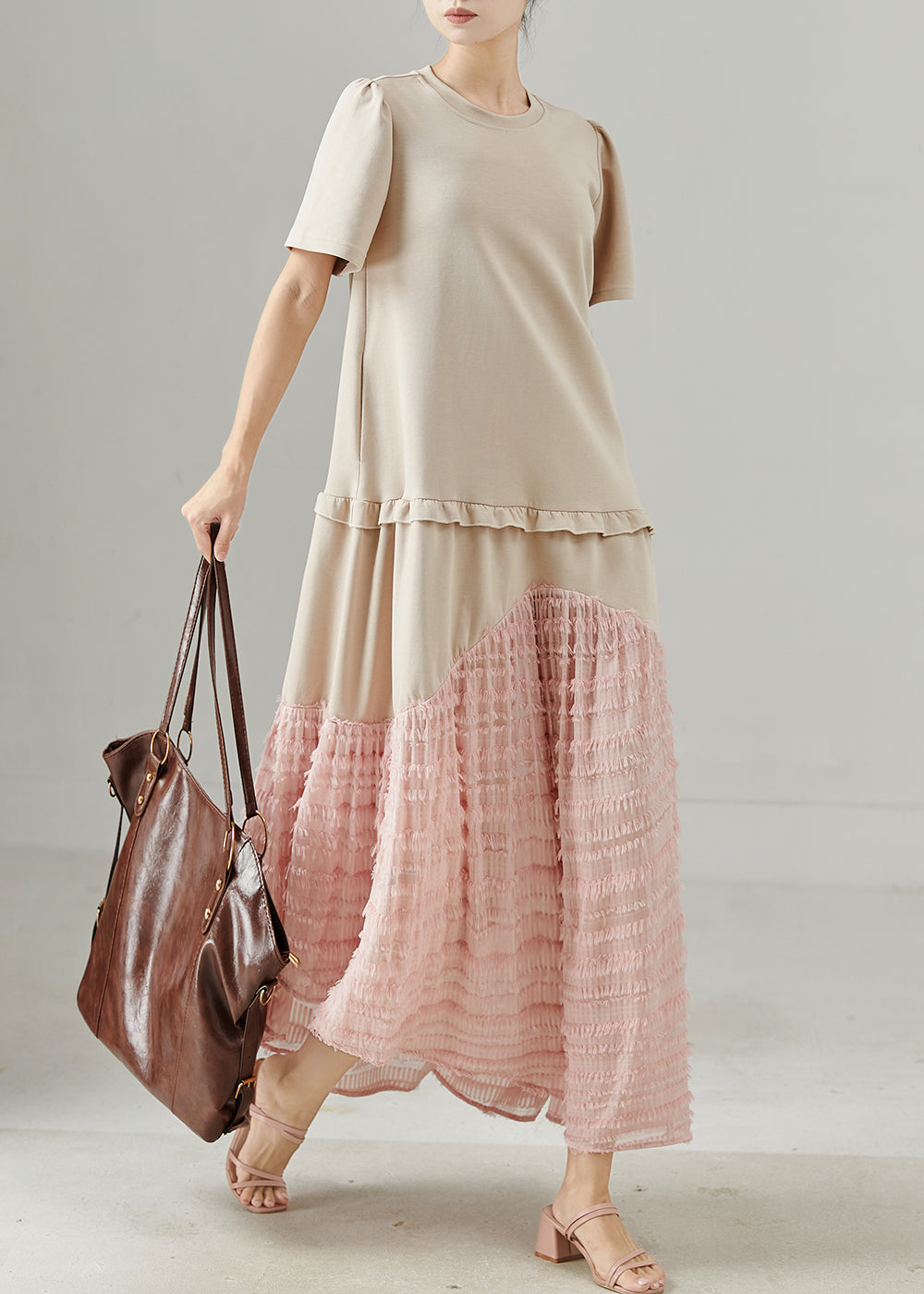 Apricot Ruffled Patchwork Cotton Maxi Dress Summer