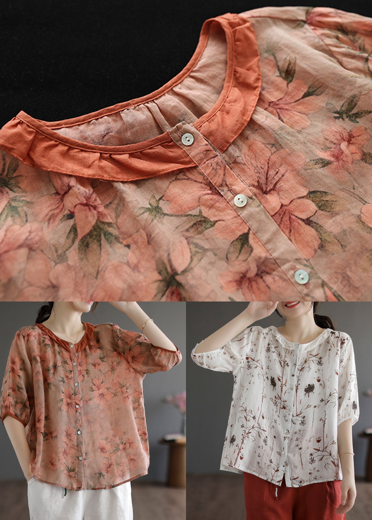 White O-neck Button Linen Shirt Half Sleeve
