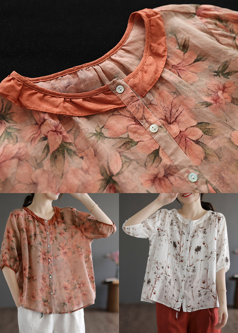 Red Ruffled Print Linen Shirt Half Sleeve