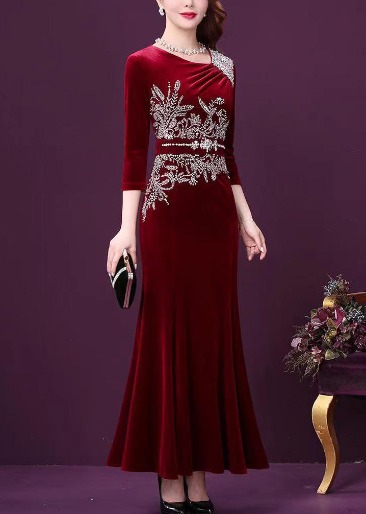 Wine Red Zircon Patchwork Silk Velour Fishtail Skirt Dress Half Sleeve