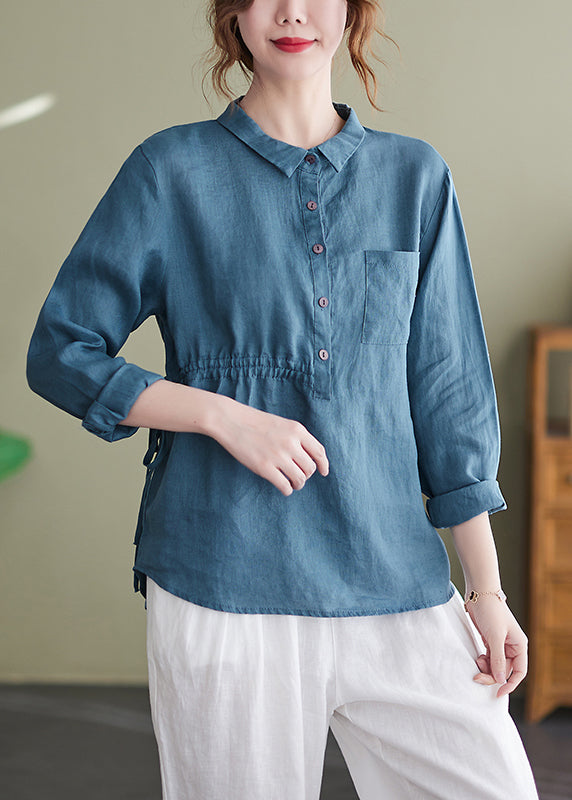 French Blue Peter Pan Collar Buttton Drawstring Cotton Shirts Long Sleeve