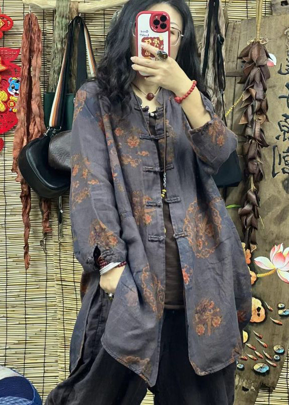Colorblock Stand Collar Print Mid Linen Shirt Spring