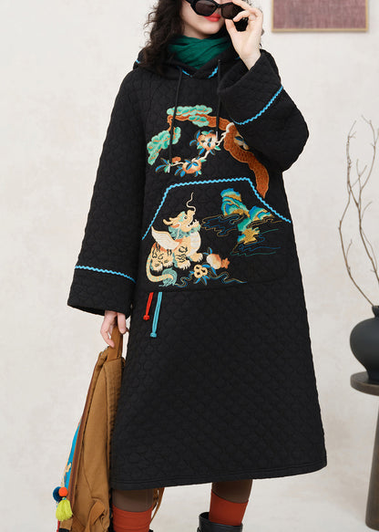 Loose Black Hooded Embroidered Pockets Cotton Filled Dress Spring