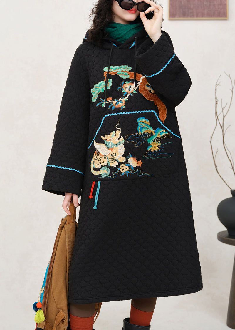 Loose Black Hooded Embroidered Pockets Cotton Filled Dress Spring