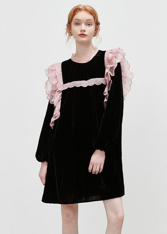Black Stand Collar Patchwork Ruffled Velour Mid Dresses Spring