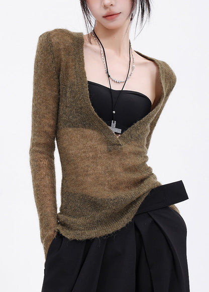 Unique Green V Neck Thin Knit Blouse Top Fall