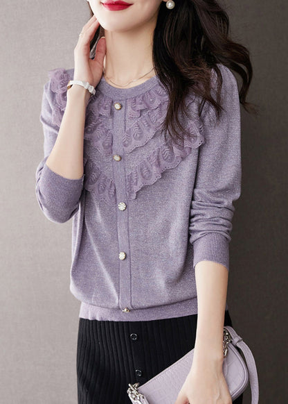 Purple O Neck Ruffled Patchwork Knit Tops Fall