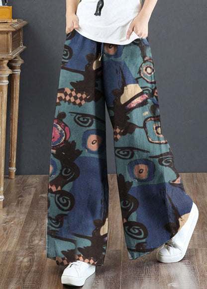 Blue Print Cotton Wide Leg Pants High Waist Pockets Summer