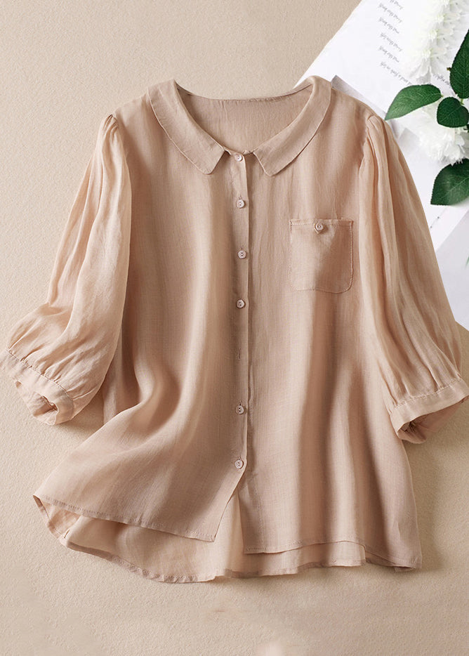 Pink Peter Pan Collar Button Linen Shirt Bracelet Sleeve