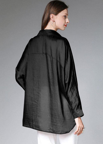 Black Wrinkled Tie Waist Fall Blouses Long Sleeve