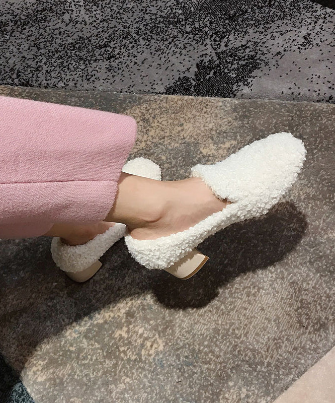 Beige Teddy Chunky Heel Fuzzy Wool Lined Penny Loafers