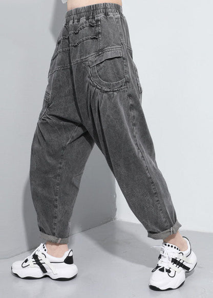 Handmade Black Elastic Waist Pockets Jean Pants Spring