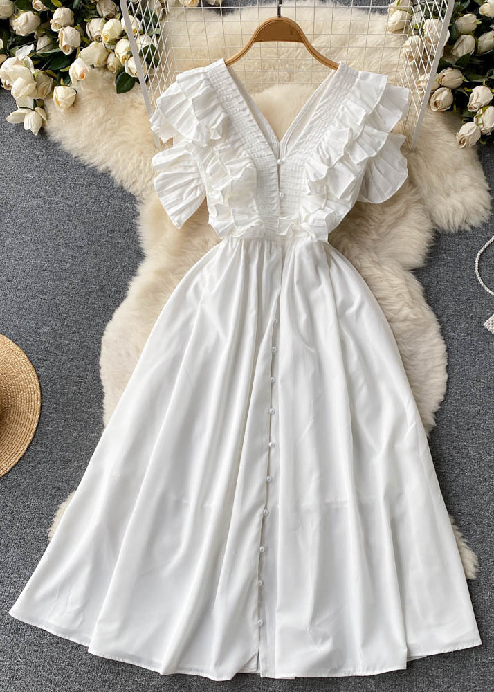 Red Ruffled Button Cotton Dress Summer