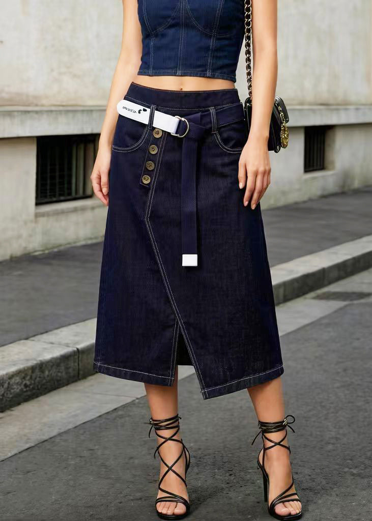 Navy Asymmetrical Side Open Denim Skirt Summer