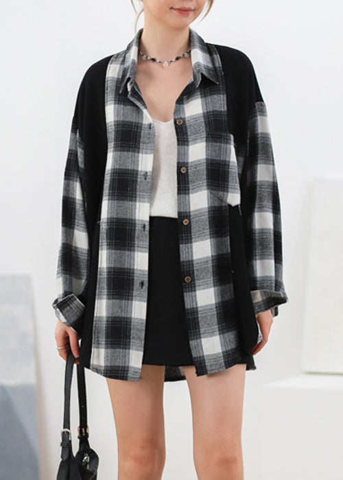 Black Plaid Button Patchwork Cotton Shirt Fall
