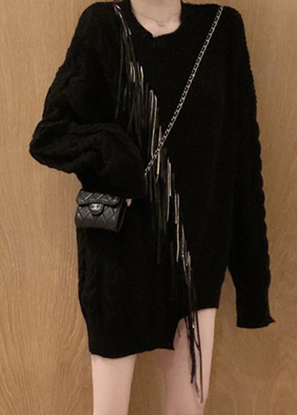 Black O-neck Zircon Tassel Cotton Knit Sweaters Tops Long Sleeve