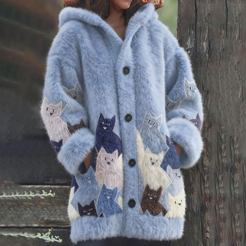 Comstylish Vintage Cute Cat Art Cozy Knit Hooded Cardigan