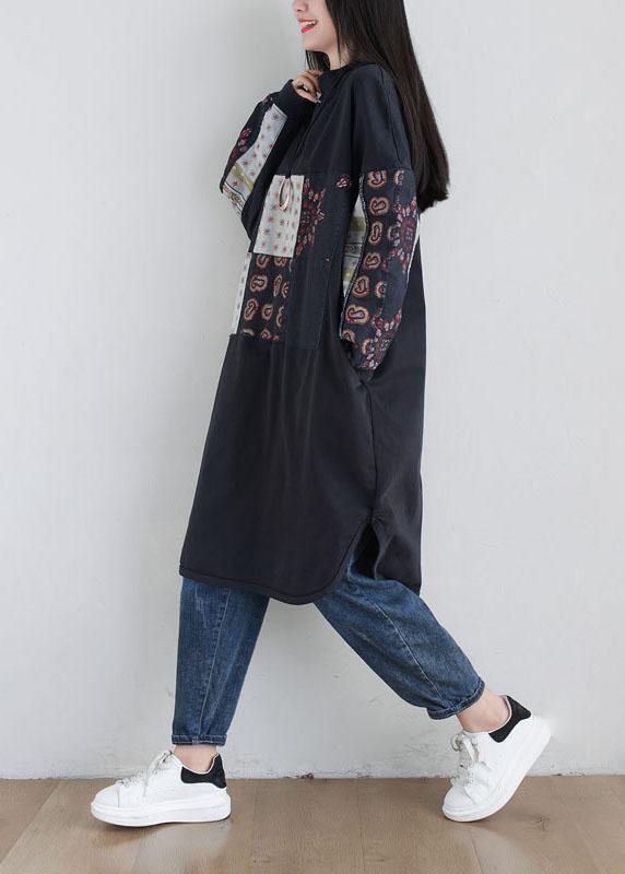 Stylish Black Turtleneck Print Loose Fall Sweatshirts Dress