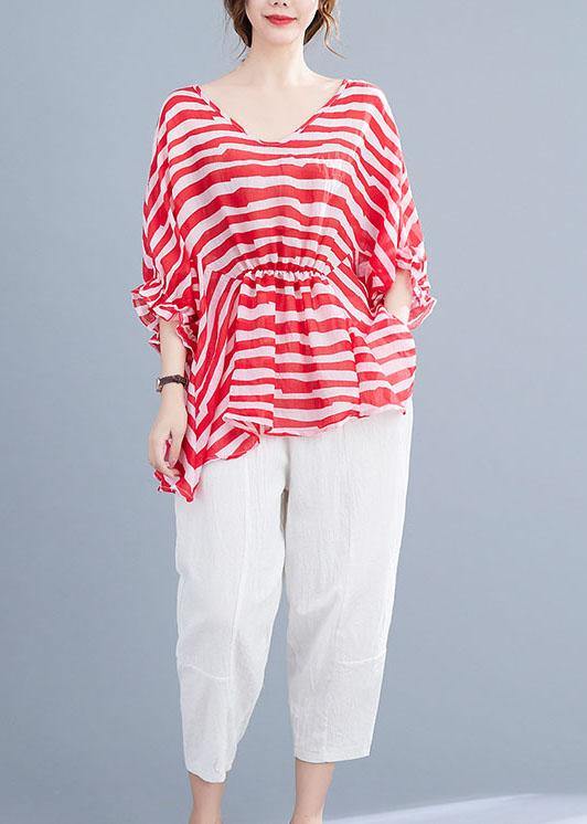 Red Print Wrinkled Summer Half Sleeve Shirt Top