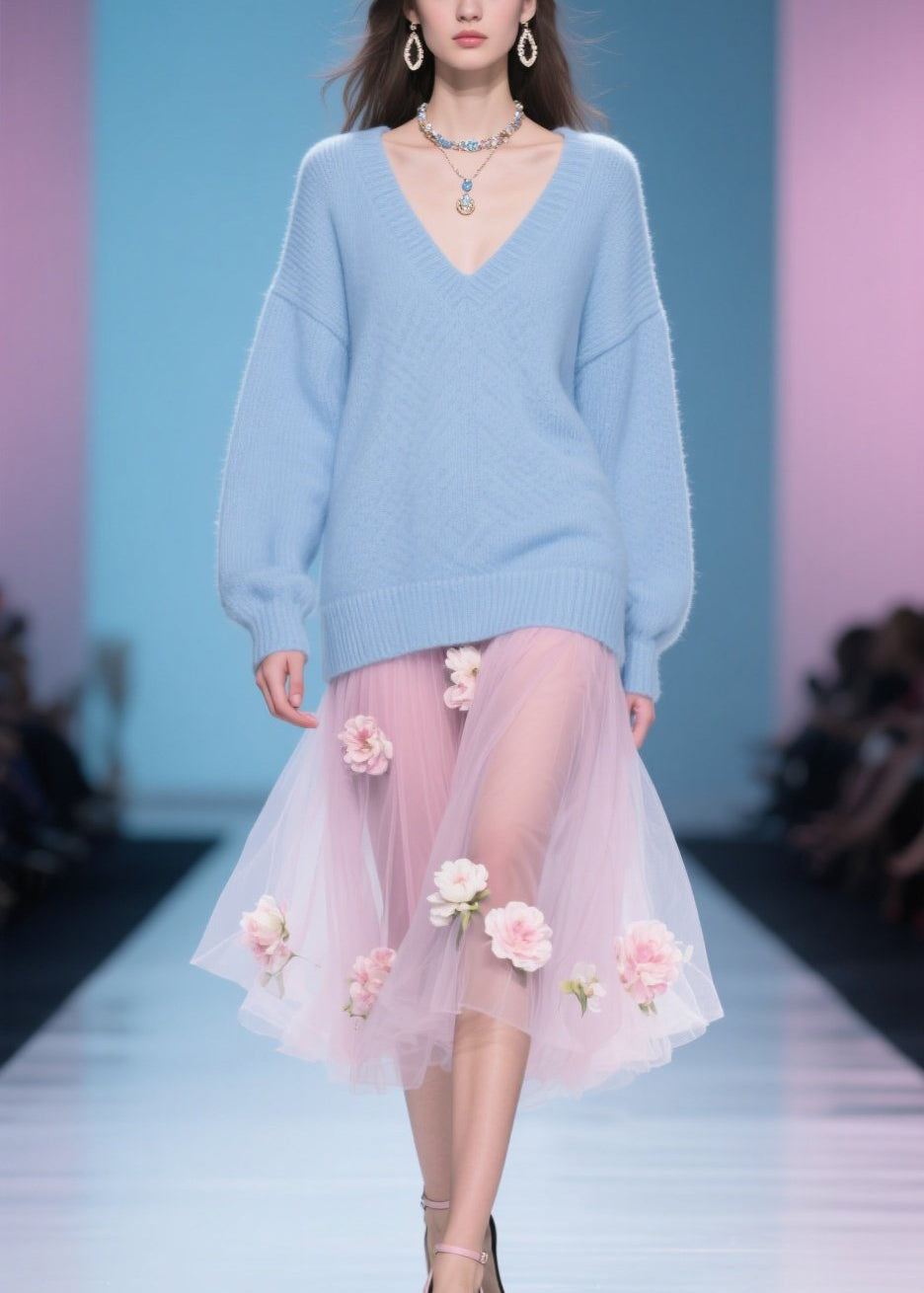 Simple Blue V Neck Knit Sweaters Winter