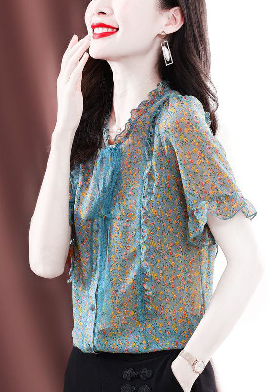 Green Ruffled Print Chiffon Blouses Summer