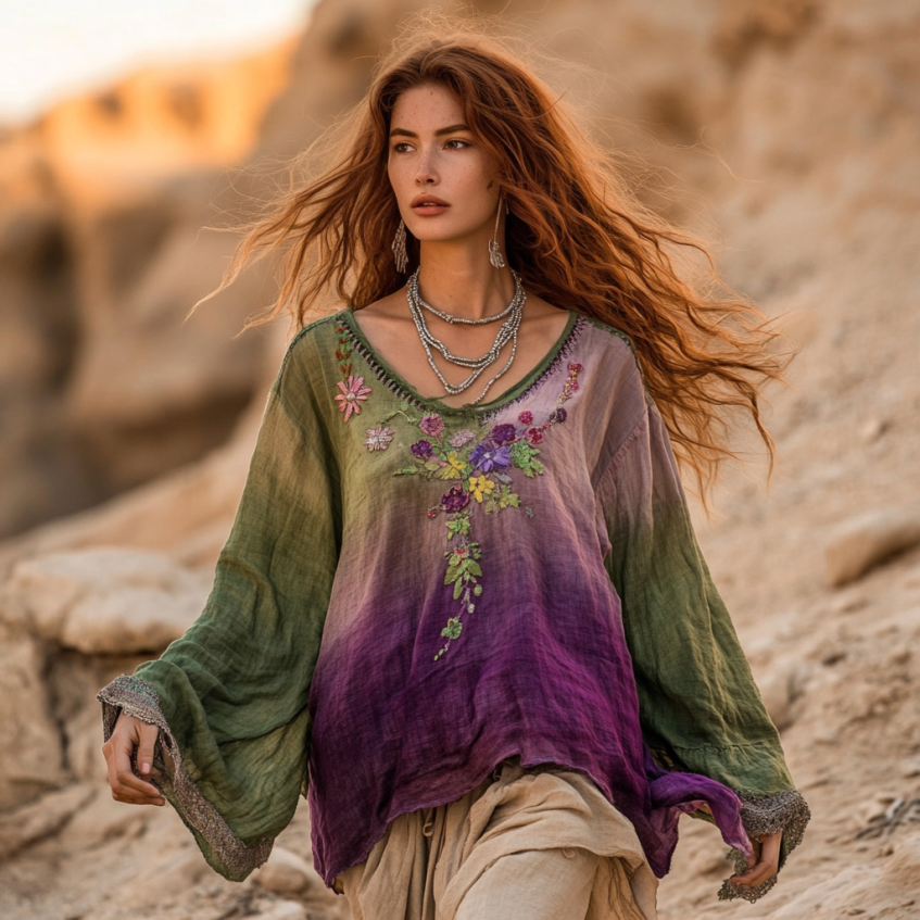 Comstylish Boho Floral Embroidery Patchwork Art Print Cotton And Linen Blend Loose Blouse