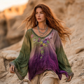 Boho Floral Embroidery Patchwork Art Print Cotton And Linen Blend Loose Blouse artswardrobe