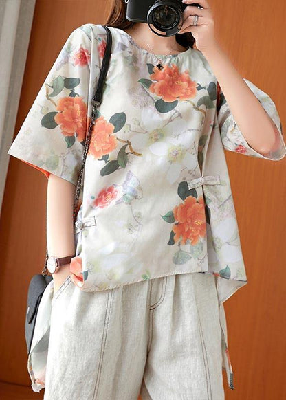Fine Print Low High Design Oriental Linen Summer Blouse Top